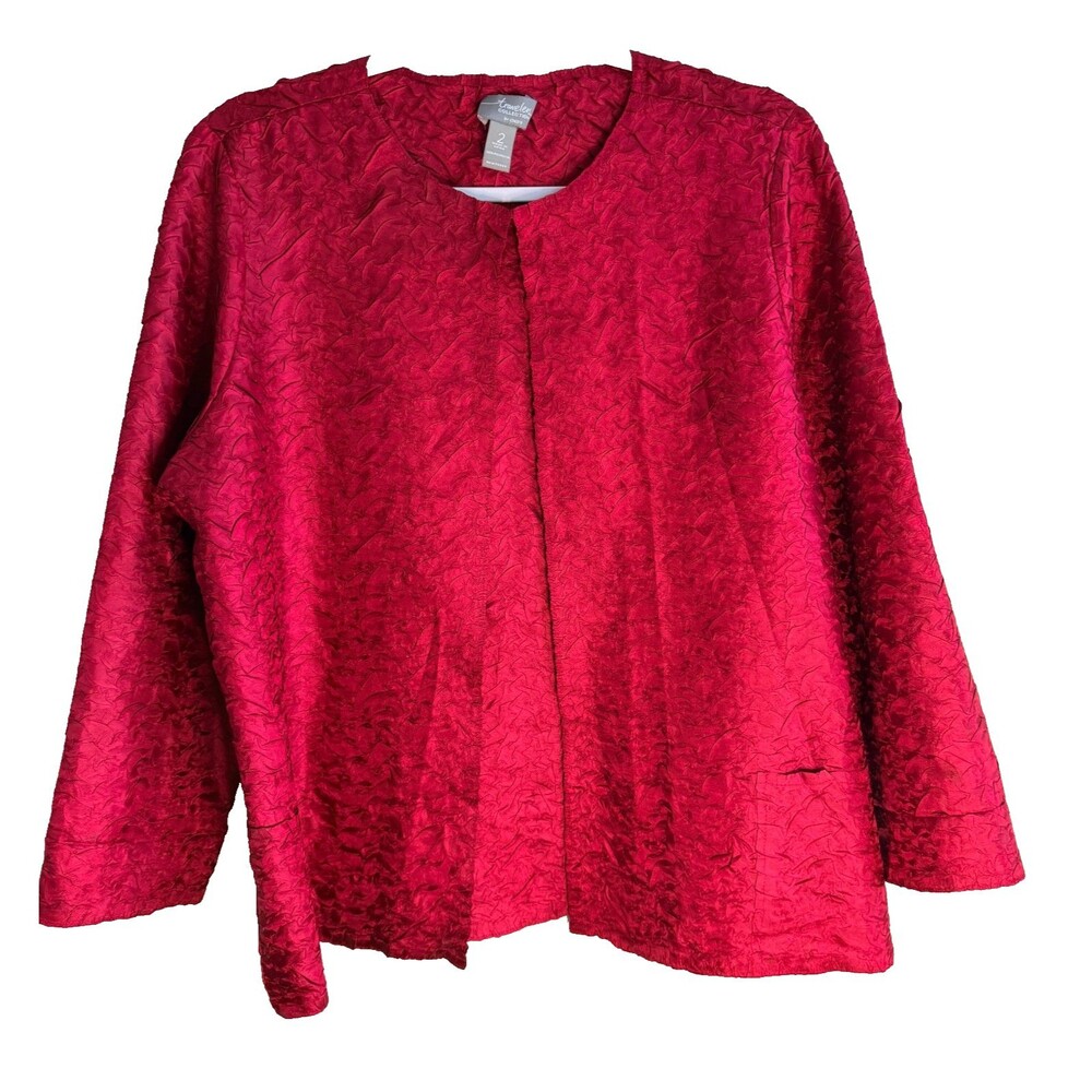 Travelers Chico's 2 Large Red Crinkle Lightweight Top Cardigan Jacket 3/4 Sleeve